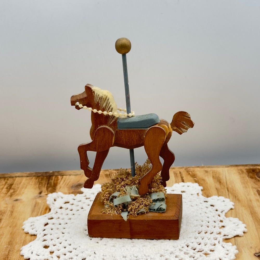 Vintage Wooden Carousel Horse Brown Hand Painted Figurine 6.5" Cottagecore Decor
